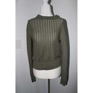 GAP Womens XS Olive Green Open Knit Crochet Cotton Sweater Long Sleeve Crew Neck